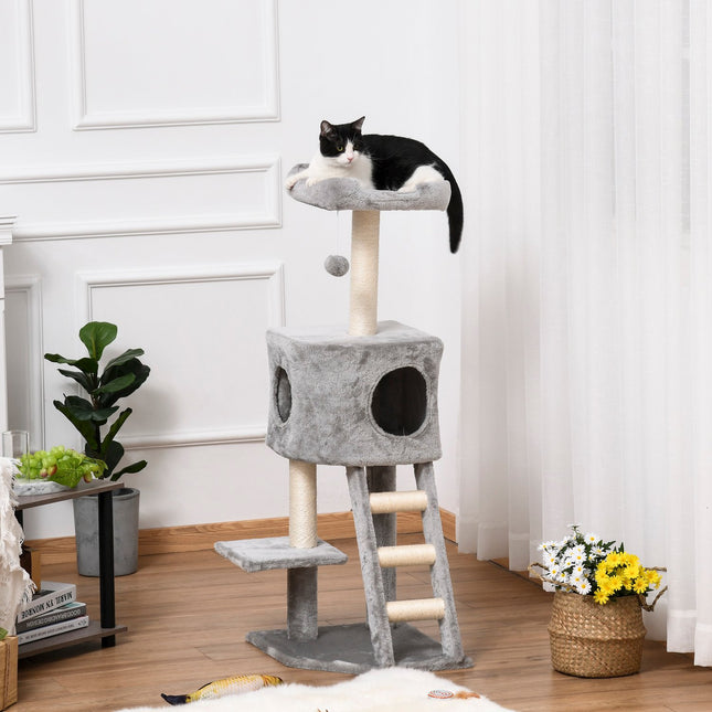 Multi-level cat tree with scratching post and ladder, light grey