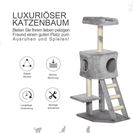Multi-level cat tree with scratching post and ladder, light grey