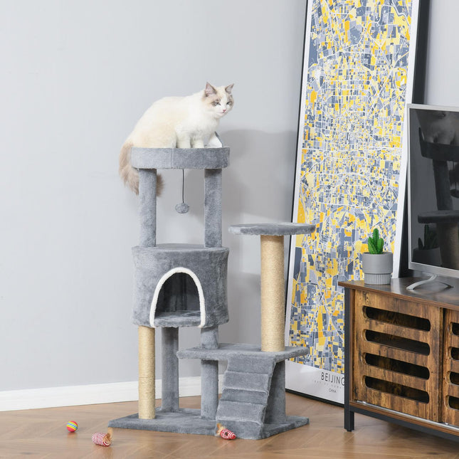 Cat climbing tree with scratching post and cave, grey, 100 cm