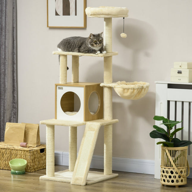 Cat scratching post with cave, play ball, sisal platforms