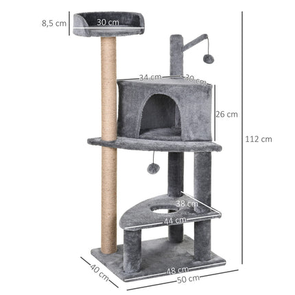 Cat scratching post with toys and house, Grey, 50x40x112 cm
