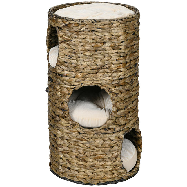 Cat tower with 3 caves & bed, 73 cm water hyacinth