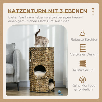 Cat tower with 3 caves & bed, 73 cm water hyacinth