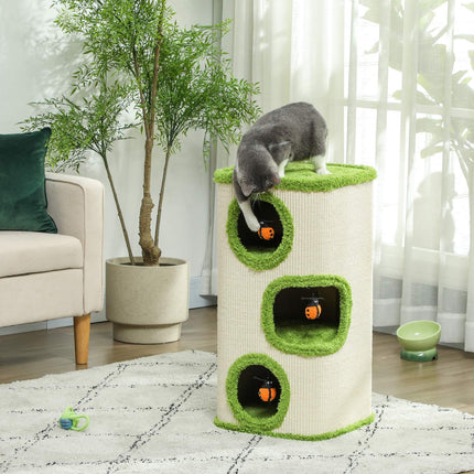 Cat scratching post with caves, sisal, toy, green, 76 cm