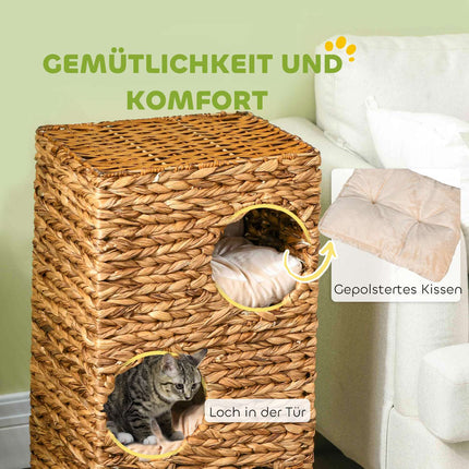 Cat Barrel Tower, 76 cm, 3 caves, water hyacinth, light brown