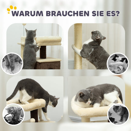 Cat tree 107 cm with cave, bed, play ball, dark brown