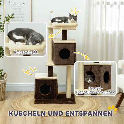 Cat tree 107 cm with cave, bed, play ball, dark brown