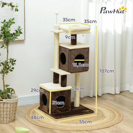 Cat tree 107 cm with cave, bed, play ball, dark brown