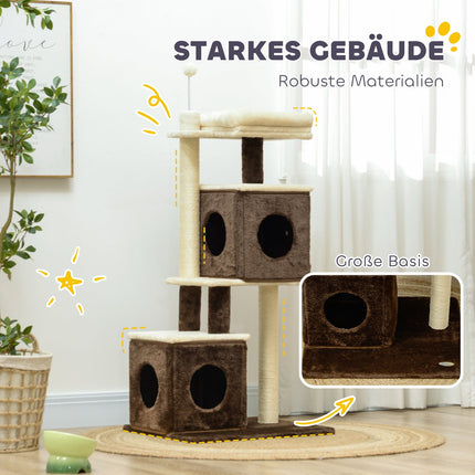 Cat tree 107 cm with cave, bed, play ball, dark brown