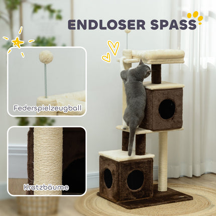 Cat tree 107 cm with cave, bed, play ball, dark brown