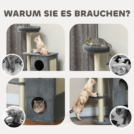 Cat tree with cave, bed and ball - 111 cm, grey, for cats up to 5 kg