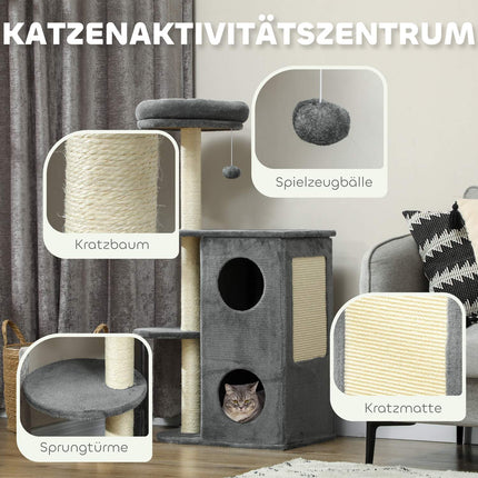 Cat tree with cave, bed and ball - 111 cm, grey, for cats up to 5 kg
