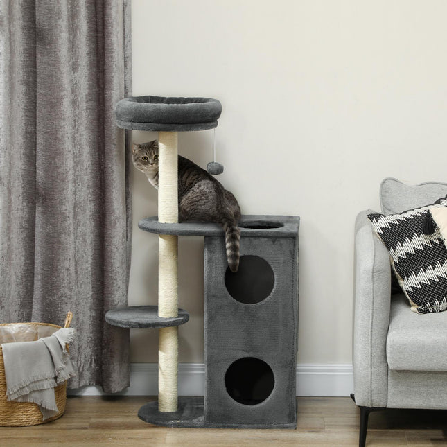 Cat tree with cave, bed and ball - 111 cm, grey, for cats up to 5 kg