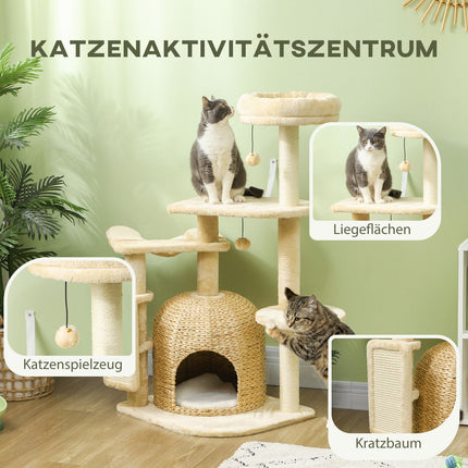 Beige 112 cm cat tree with cave, bed and sisal posts