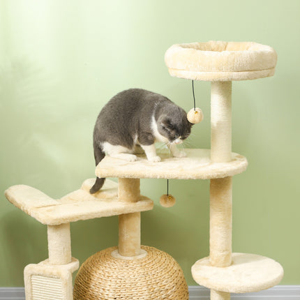 Beige 112 cm cat tree with cave, bed and sisal posts