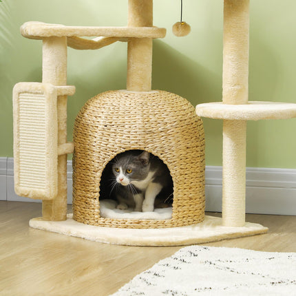 Beige 112 cm cat tree with cave, bed and sisal posts