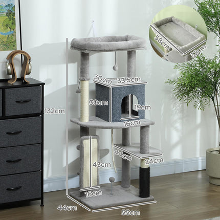 Cat tree with cave, sisal poles & play ball, 132 cm