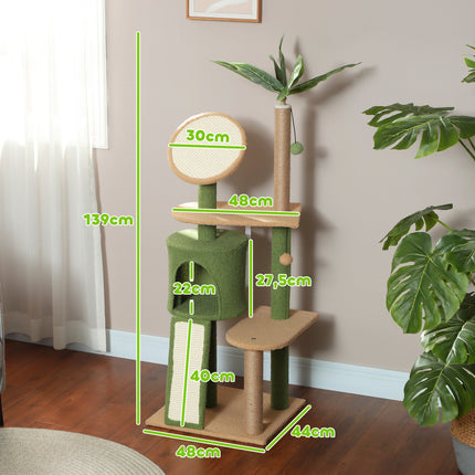 Cat tree scratching post 139 cm with cave, play ball, green