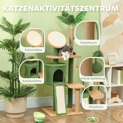 Cat tree scratching post 139 cm with cave, play ball, green