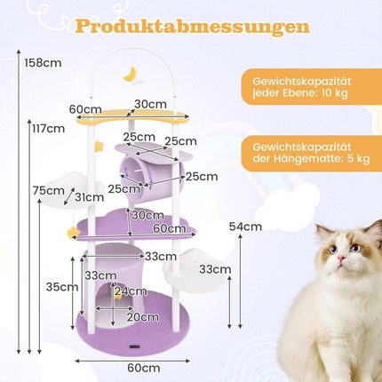 Scratching post 158 cm cat tree with cat cave tunnel hanging toy & large moon-shaped lying surface purple + white
