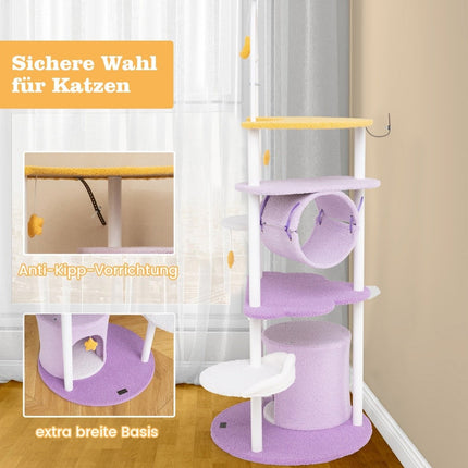 Scratching post 158 cm cat tree with cat cave tunnel hanging toy & large moon-shaped lying surface purple + white