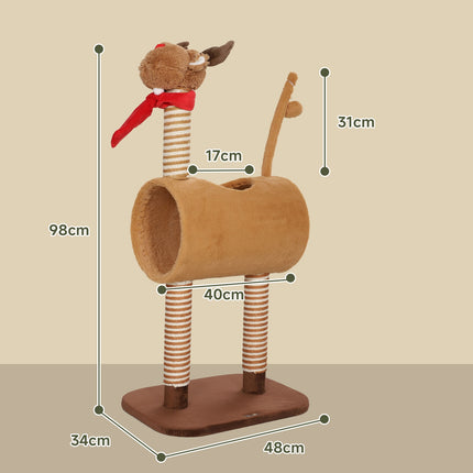 Scratching post 98 cm cat tower in deer design, with cave, play ball, jute trunks brown