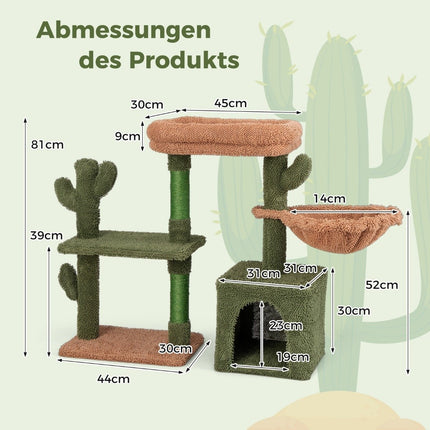 Scratching post cactus cat tree with platforms hammock cat cave green + brown (81cm high)