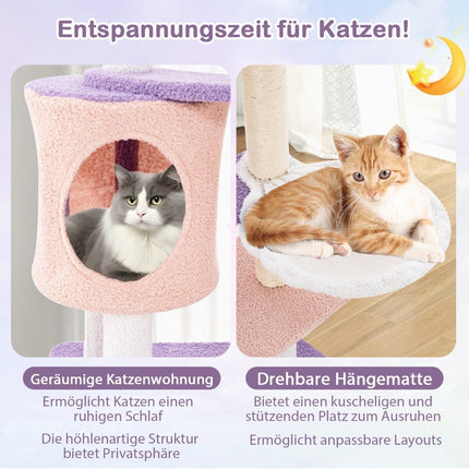 Scratching post cat tree with cat cave & hammock & toy purple + pink 59 x 49 x 140 cm