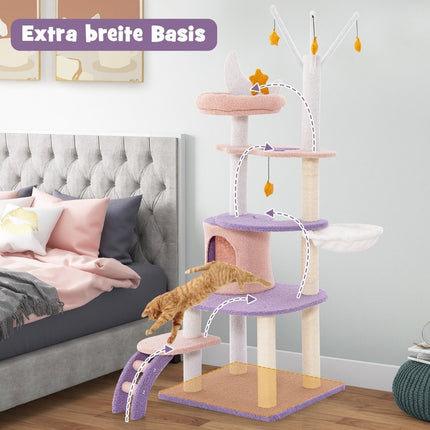Scratching post cat tree with cat cave & ladder & hammock & toys 59 x 49 x 158cm purple + pink