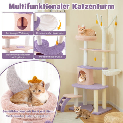 Scratching post cat tree with cat cave & ladder & hammock & toys 59 x 49 x 158cm purple + pink