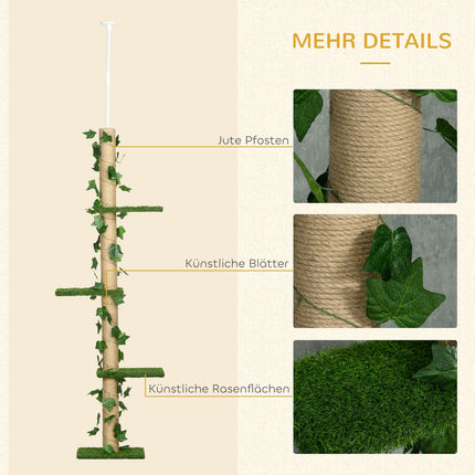 Adjustable jute cat tree, ceiling height 202-242 cm, green/yellow
