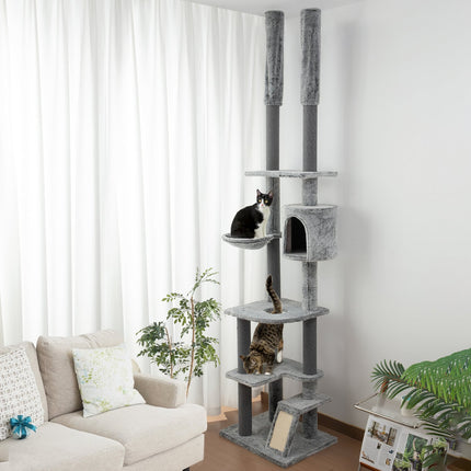 High-ceilinged cat tree with cave, basket and play ball, gray
