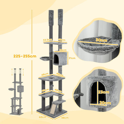 High-ceilinged cat tree with cave, basket and play ball, gray