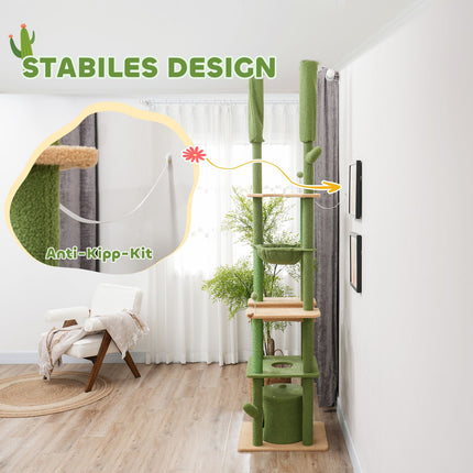 High ceiling cat tree 225-255cm with cave & basket - green