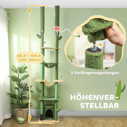 High ceiling cat tree 225-255cm with cave & basket - green