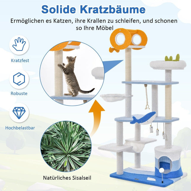 Scratching post in a marine motif, multi-story cat tower with sisal-covered posts, blue, 69 x 49 x 168 cm