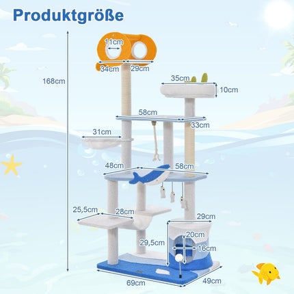 Scratching post in a marine motif, multi-story cat tower with sisal-covered posts, blue, 69 x 49 x 168 cm