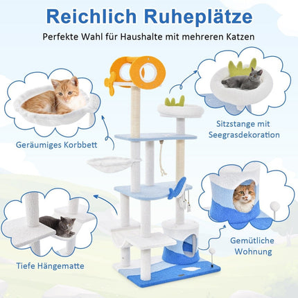 Scratching post in a marine motif, multi-story cat tower with sisal-covered posts, blue, 69 x 49 x 168 cm