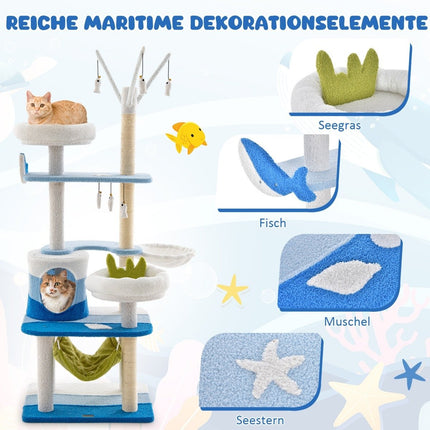 Scratching post in a sea motif with sisal posts & cat cave & seats & hammock blue