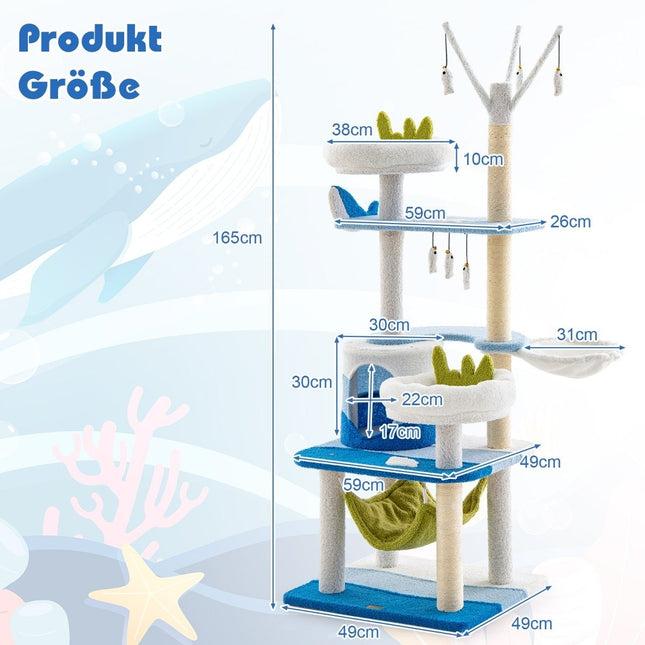 Scratching post in a sea motif with sisal posts & cat cave & seats & hammock blue