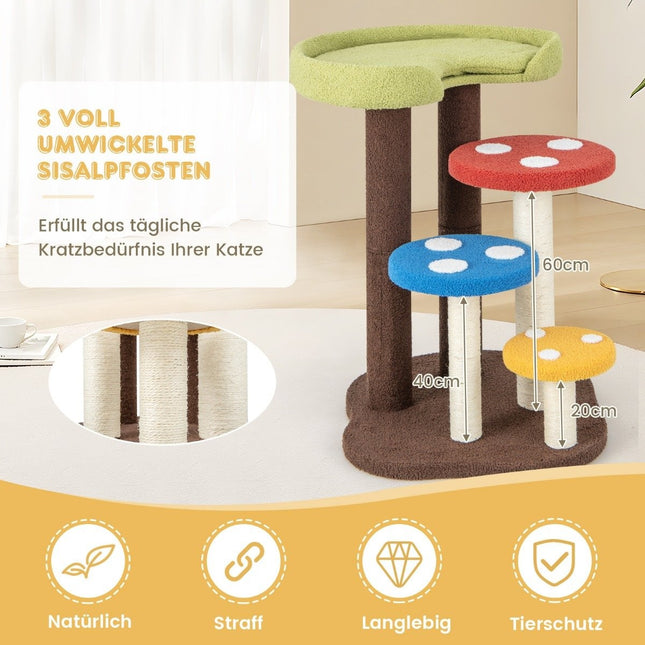 Scratching post in mushroom look, 5-tier cat tree with 3 sisal posts, small climbing tree made of teddy fabric, 60 x 65 x 94 cm, colorful