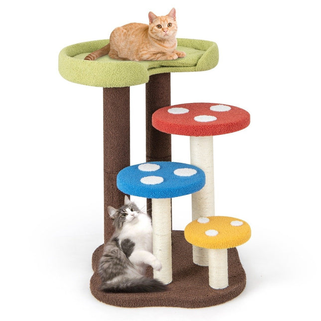 Scratching post in mushroom look, 5-tier cat tree with 3 sisal posts, small climbing tree made of teddy fabric, 60 x 65 x 94 cm, colorful