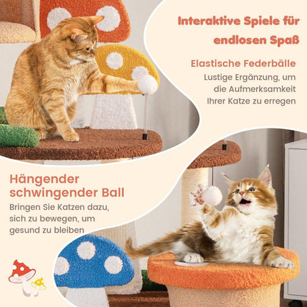 Scratching post in mushroom look cat tree with 2 cat caves & sisal scratching board & platforms & play ball 69 x 49 x 146 cm