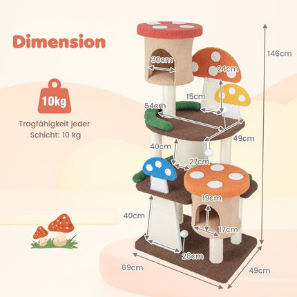 Scratching post in mushroom look cat tree with 2 cat caves & sisal scratching board & platforms & play ball 69 x 49 x 146 cm