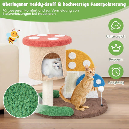 Scratching post in mushroom look cat tree with cat cave & sisal scratching board & large base & play ball 60 x 49 x 59 cm