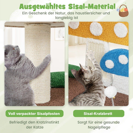 Scratching post in mushroom look cat tree with cat cave & sisal scratching board & large base & play ball 60 x 49 x 59 cm
