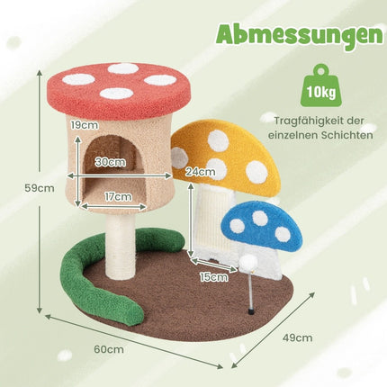 Scratching post in mushroom look cat tree with cat cave & sisal scratching board & large base & play ball 60 x 49 x 59 cm