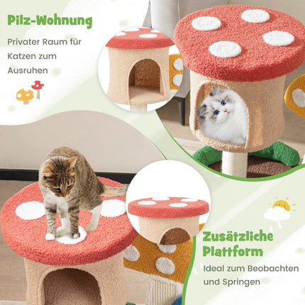 Scratching post in mushroom look cat tree with cat cave & sisal scratching board & large base & play ball 60 x 49 x 59 cm