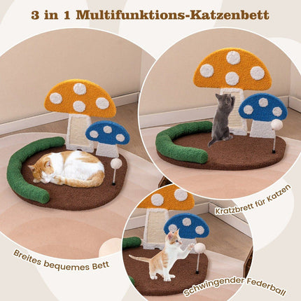 Scratching post in mushroom look with cat bed & sisal scratching board & shuttlecock & headrest cat tree