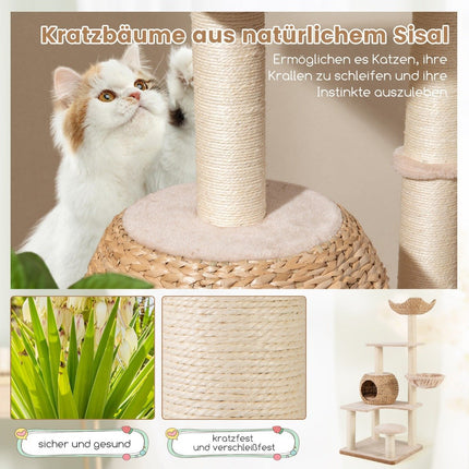 Scratching post with cat cave 150 cm high cat tree with hammock up to 10 kg beige + natural